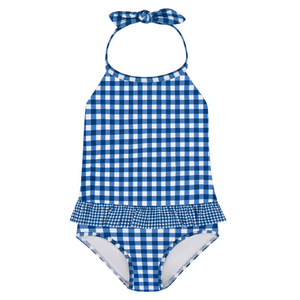 Girls Navy Picnic Gingham Ruffle Halter One Piece
