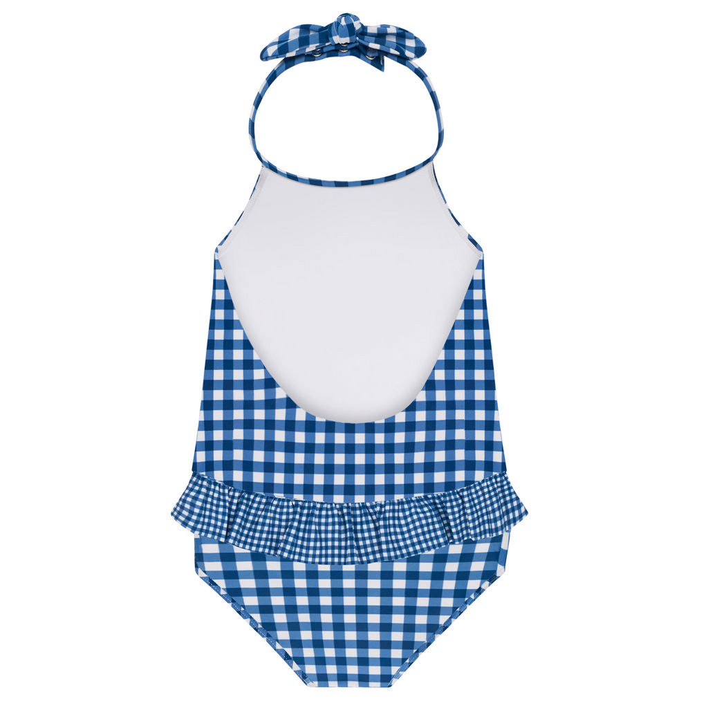 Girls Navy Picnic Gingham Ruffle Halter One Piece