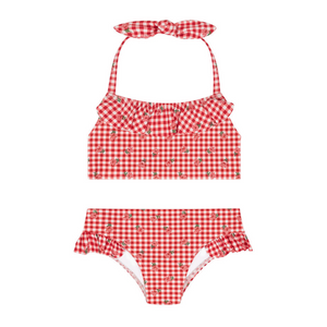 Girls Cranberry Gingham Halter Scoop Neck Bikini