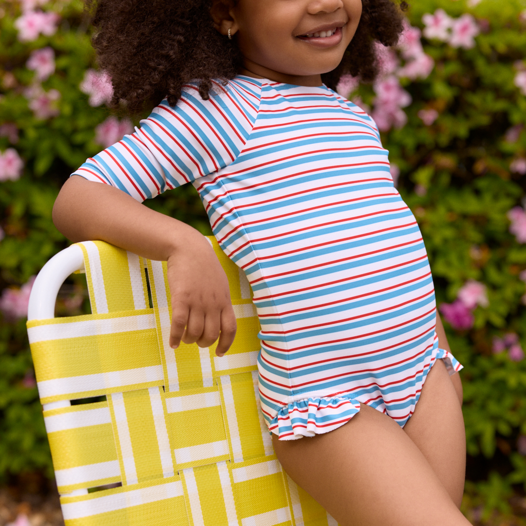 Girls Jetty Stripe Quarter Sleeve Rashguard One Piece