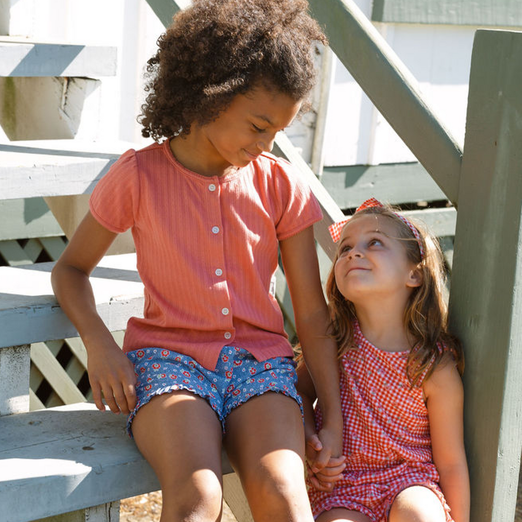 Girls Sailor Red Puff Sleeve Pointelle Shirt
