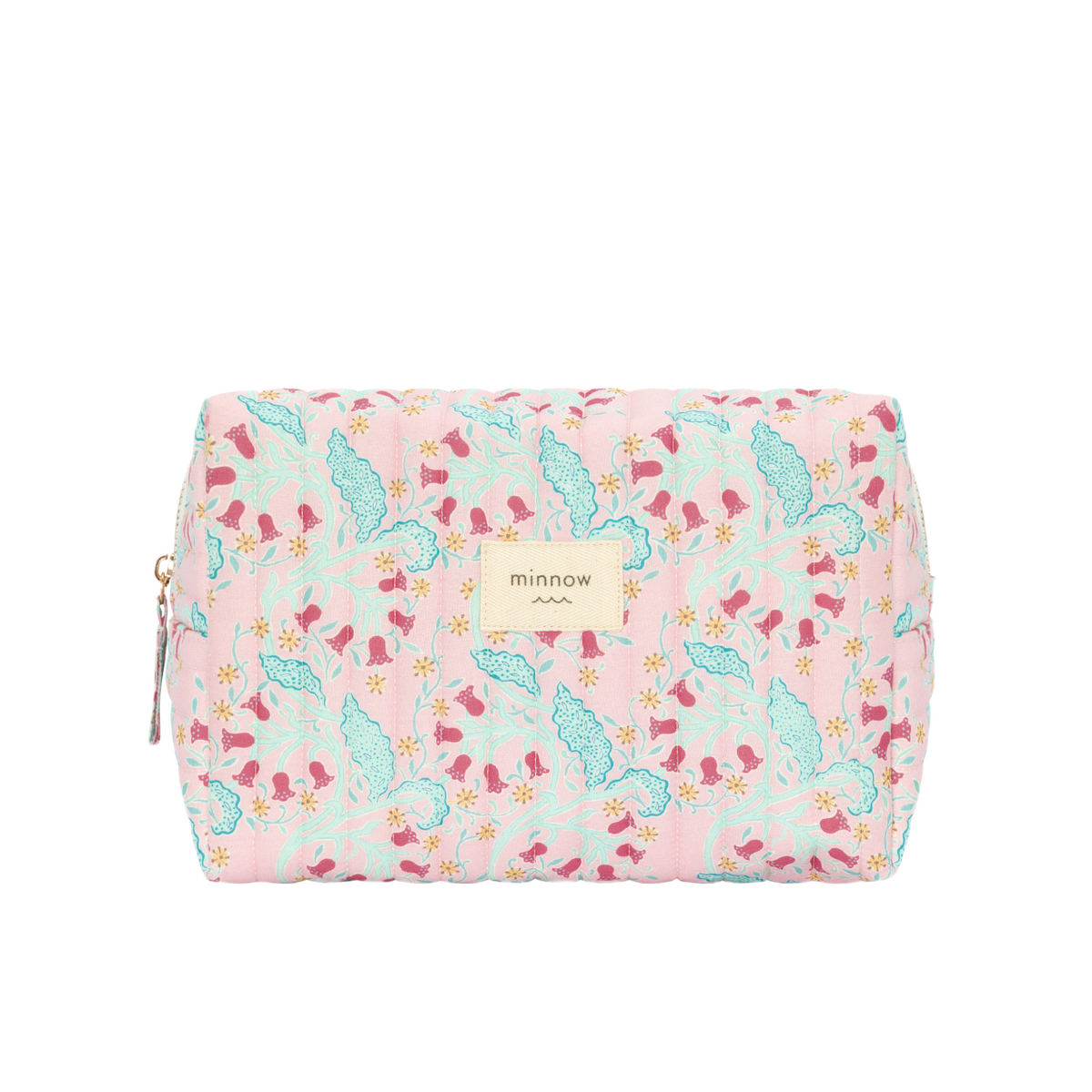 Front of Bluebells quilted travel pouch showing pink floral print, coated interior, and Minnow label on white