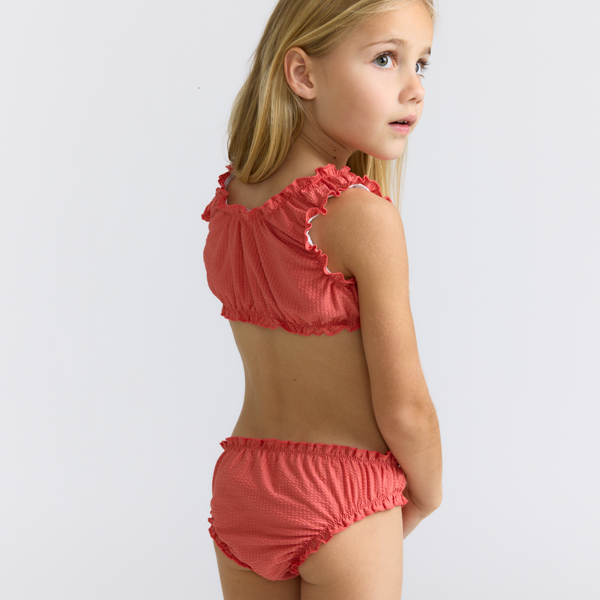 Girls Sailor Red Seersucker Ruffle Edge Bikini