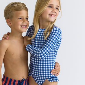 Girls Navy Picnic Gingham Front Zip Rashguard One Piece