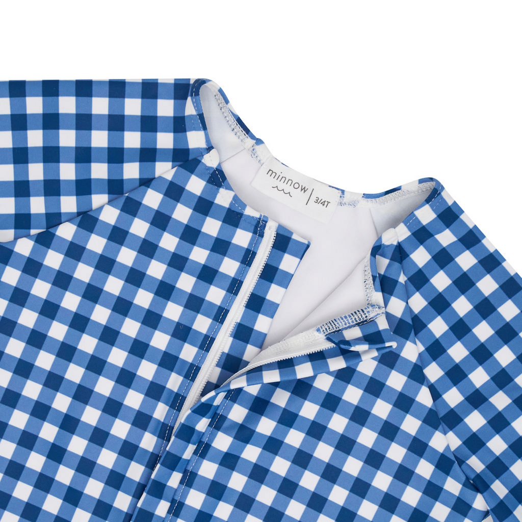 Girls Navy Picnic Gingham Front Zip Rashguard One Piece