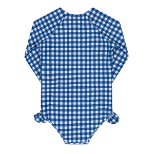 Girls Navy Picnic Gingham Front Zip Rashguard One Piece