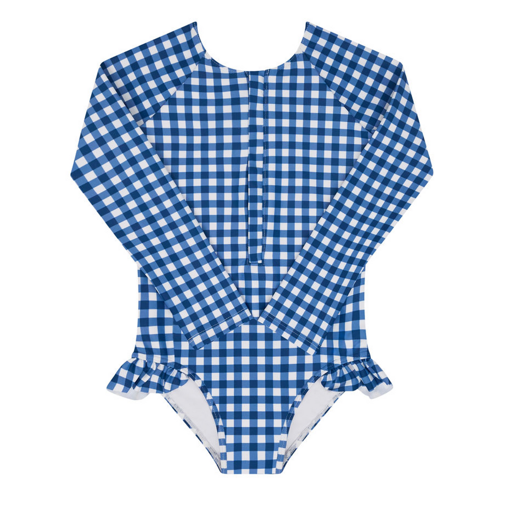 Girls Navy Picnic Gingham Front Zip Rashguard One Piece