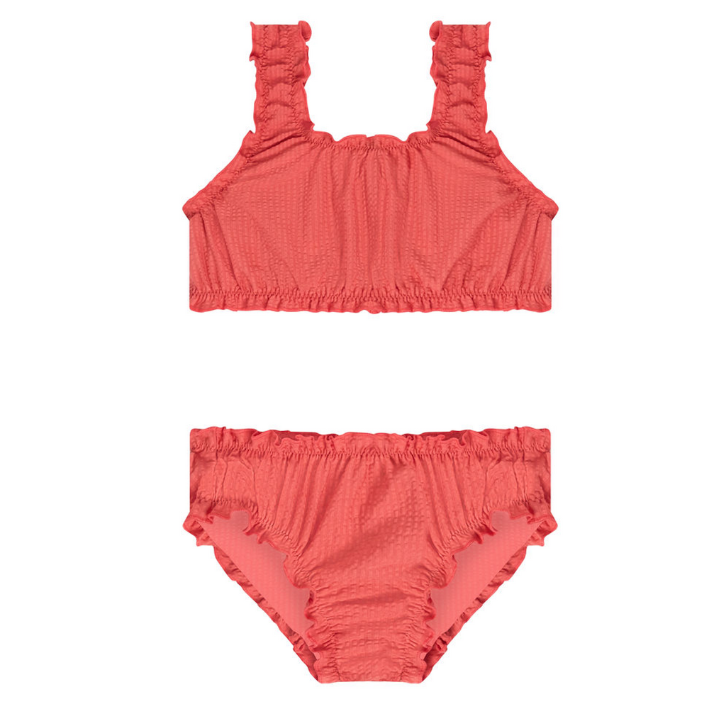 Girls Sailor Red Seersucker Ruffle Edge Bikini