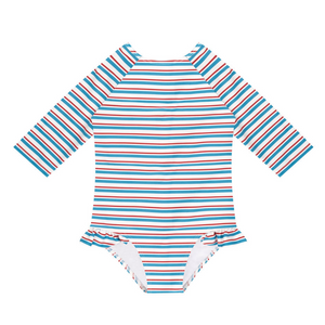 Girls Jetty Stripe Quarter Sleeve Rashguard One Piece