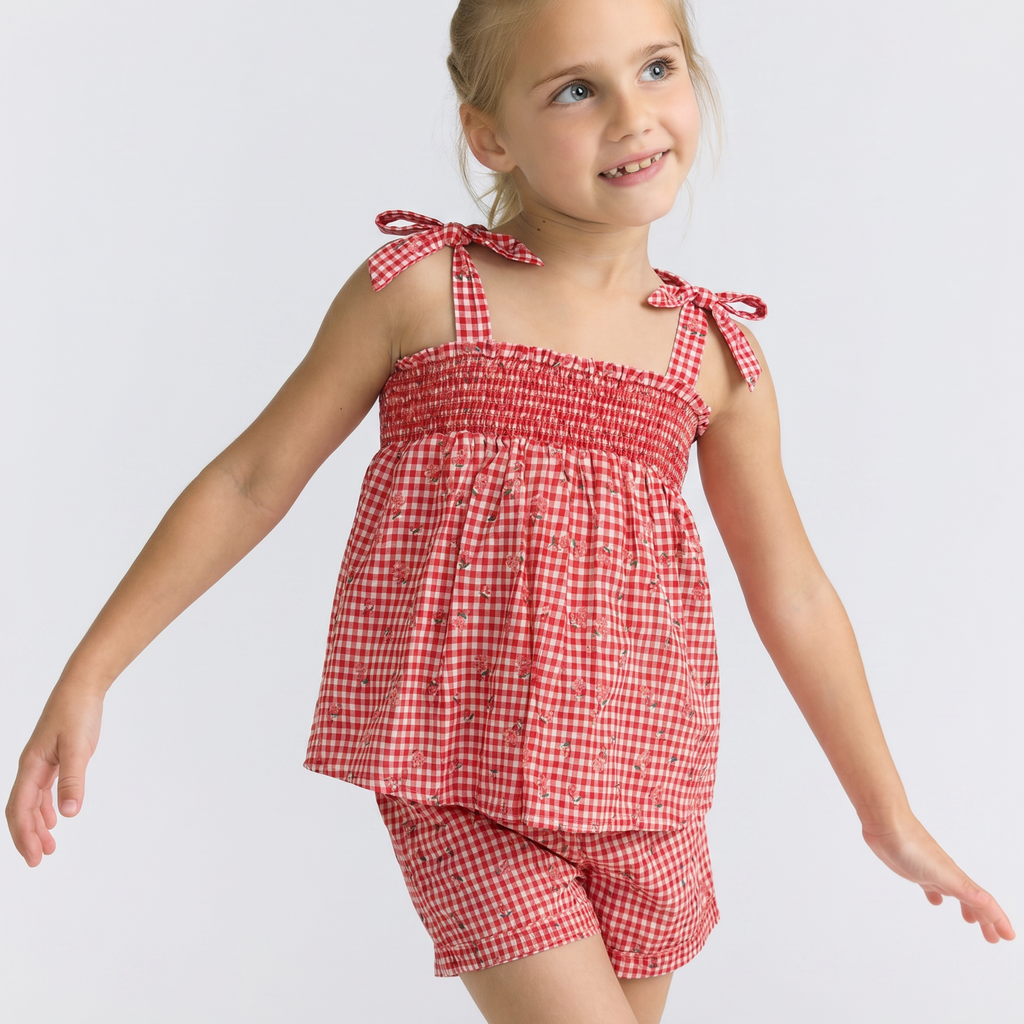 Girls Cranberry Gingham Smocked Tank And Short Set
