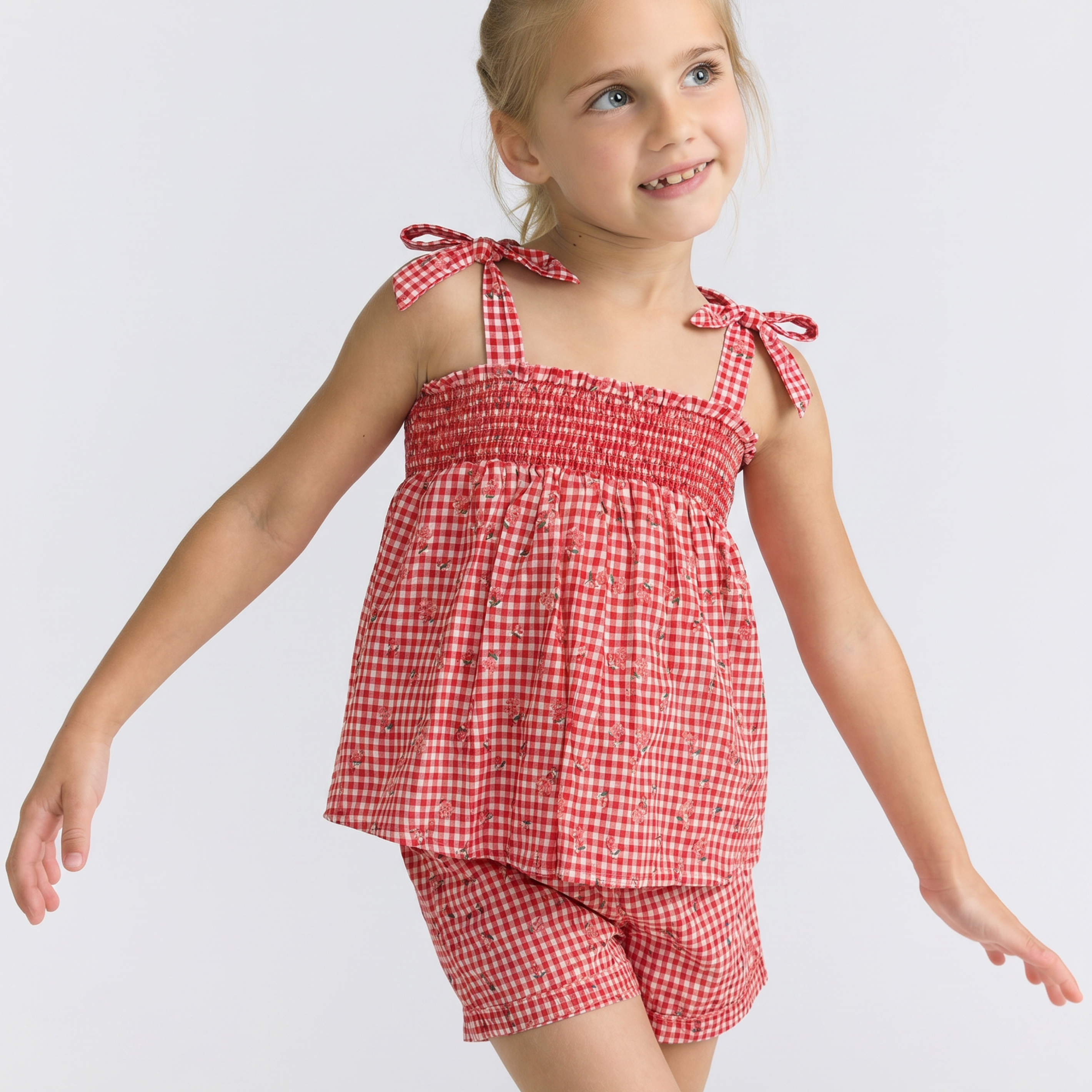 Girls Cranberry Gingham Smocked Tank And Short Set