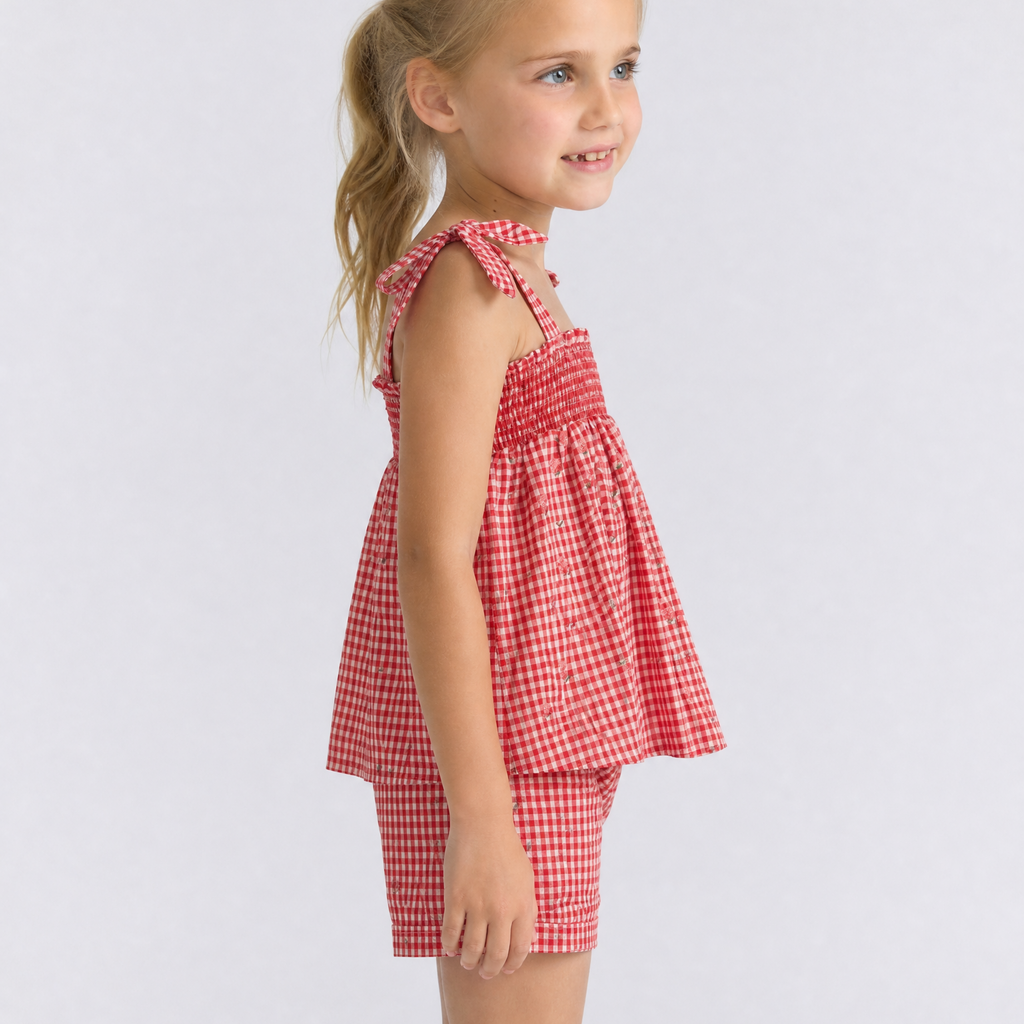 Girls Cranberry Gingham Smocked Tank And Short Set