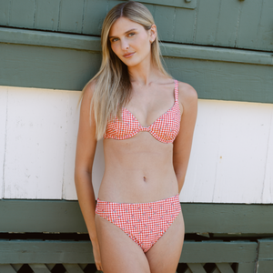 Women's Cranberry Gingham Mid Rise Bikini Bottom