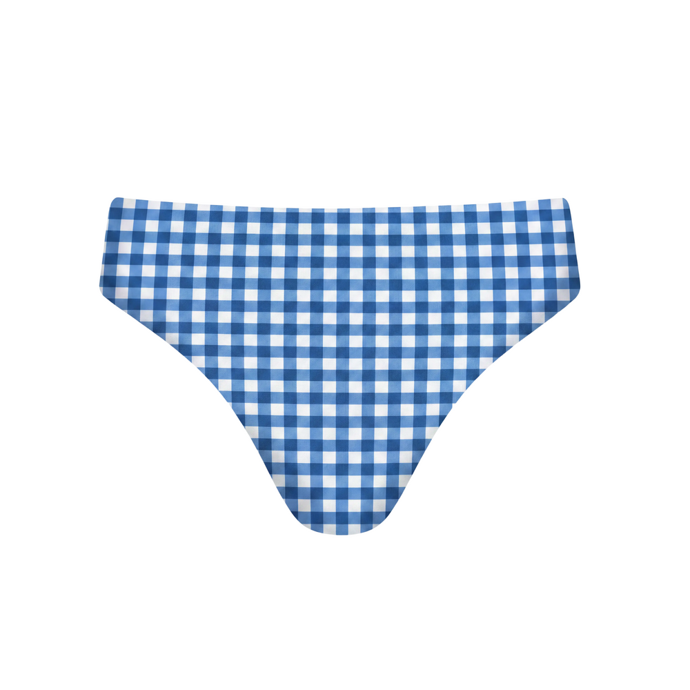 Women's Navy Picnic Gingham Mid Rise Bikini Bottom
