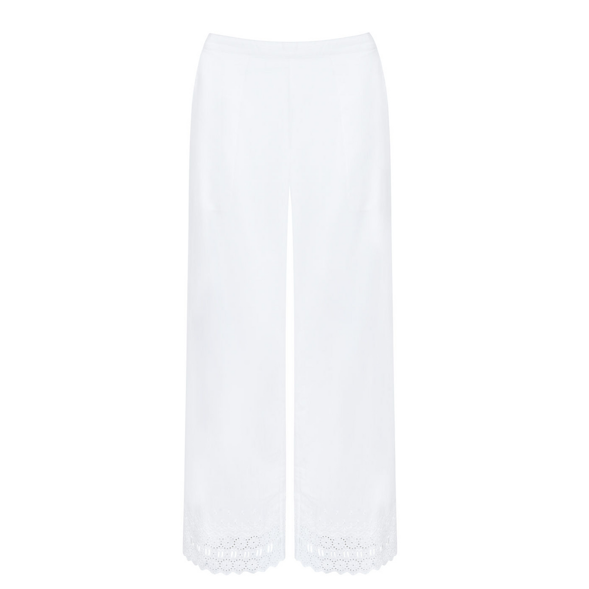 Front view of women’s white schiffli beach pants showcasing delicate schiffli embroidery and scalloped hem with white background