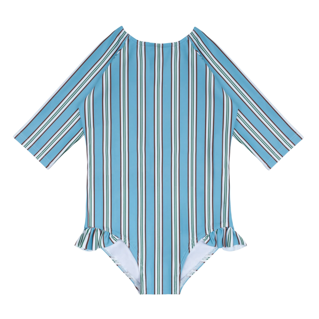 Girls Isla Blue Stripe Quarter Sleeve Rashguard One Piece