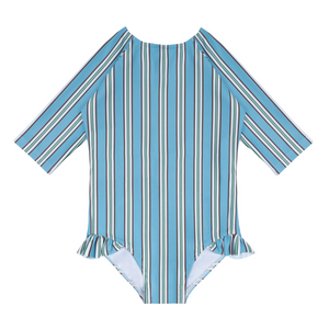 Girls Isla Blue Stripe Quarter Sleeve Rashguard One Piece