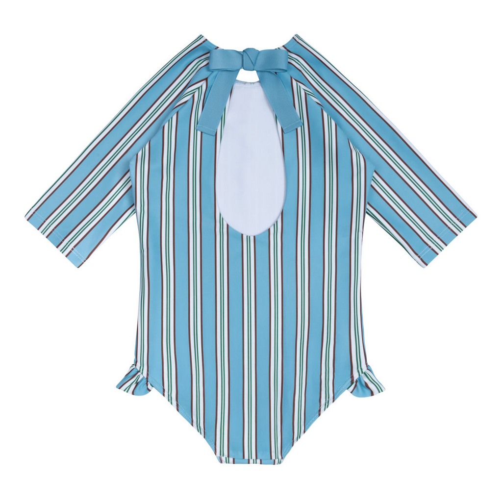 Girls Isla Blue Stripe Quarter Sleeve Rashguard One Piece