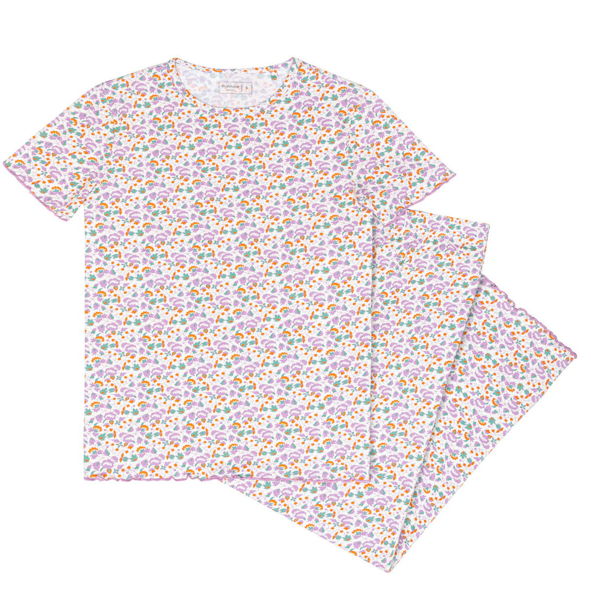 Front view of Women’s Orchid Floral Pima Pajama Set with short sleeves, floral print, and lavender lettuce trim on white