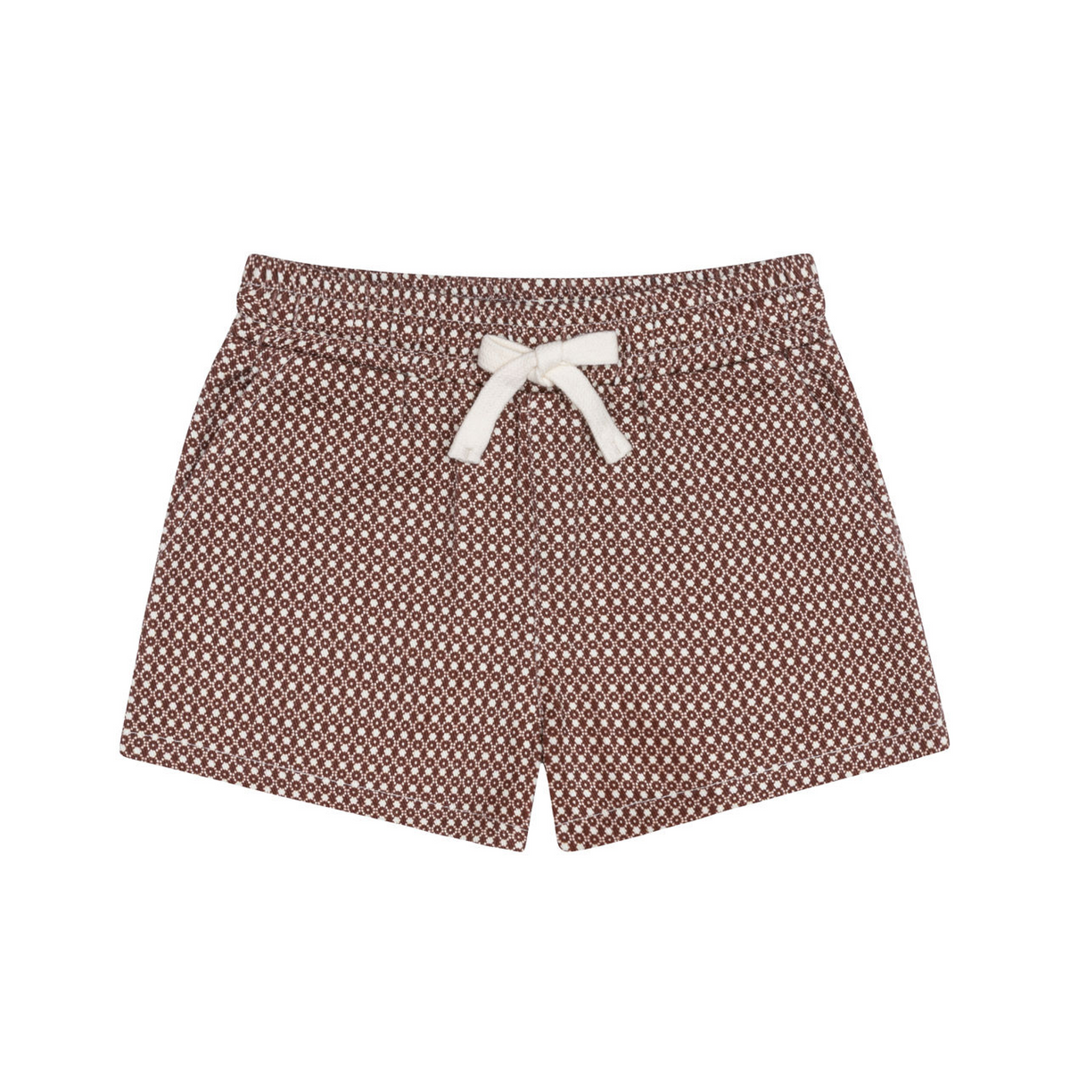 Front view of boys Cafe Flora ultra-soft twill shorts showcasing a brown floral dot pattern and white drawstring