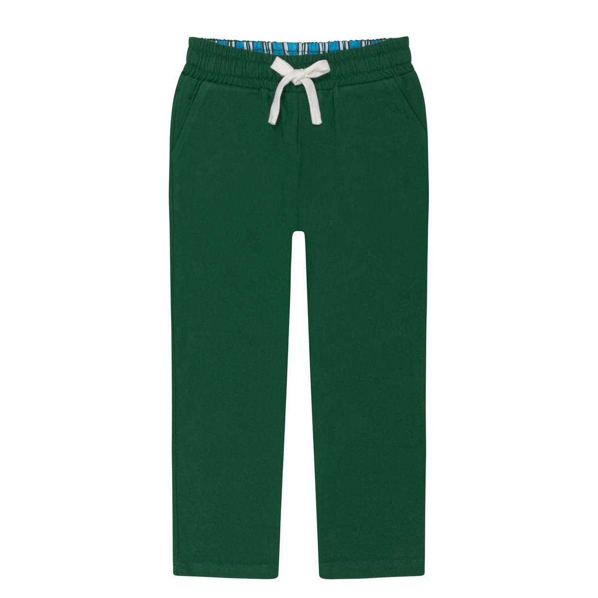 Front view of Boys Palma green twill pants showcasing an elastic waistband and white drawstring on a white background