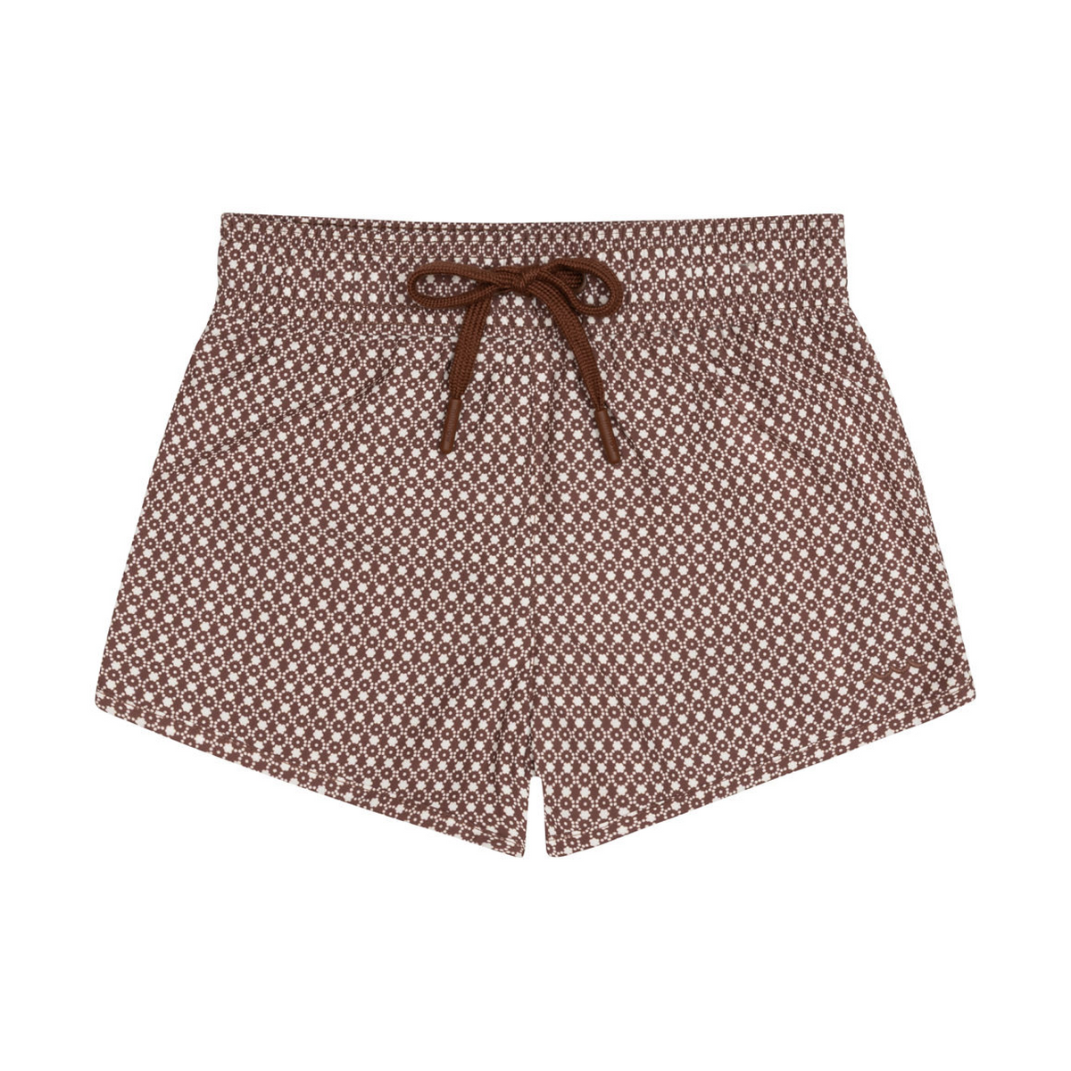 Front view of Boys Cafe Flora Boardie showcasing brown floral pattern and drawstring waist with white background