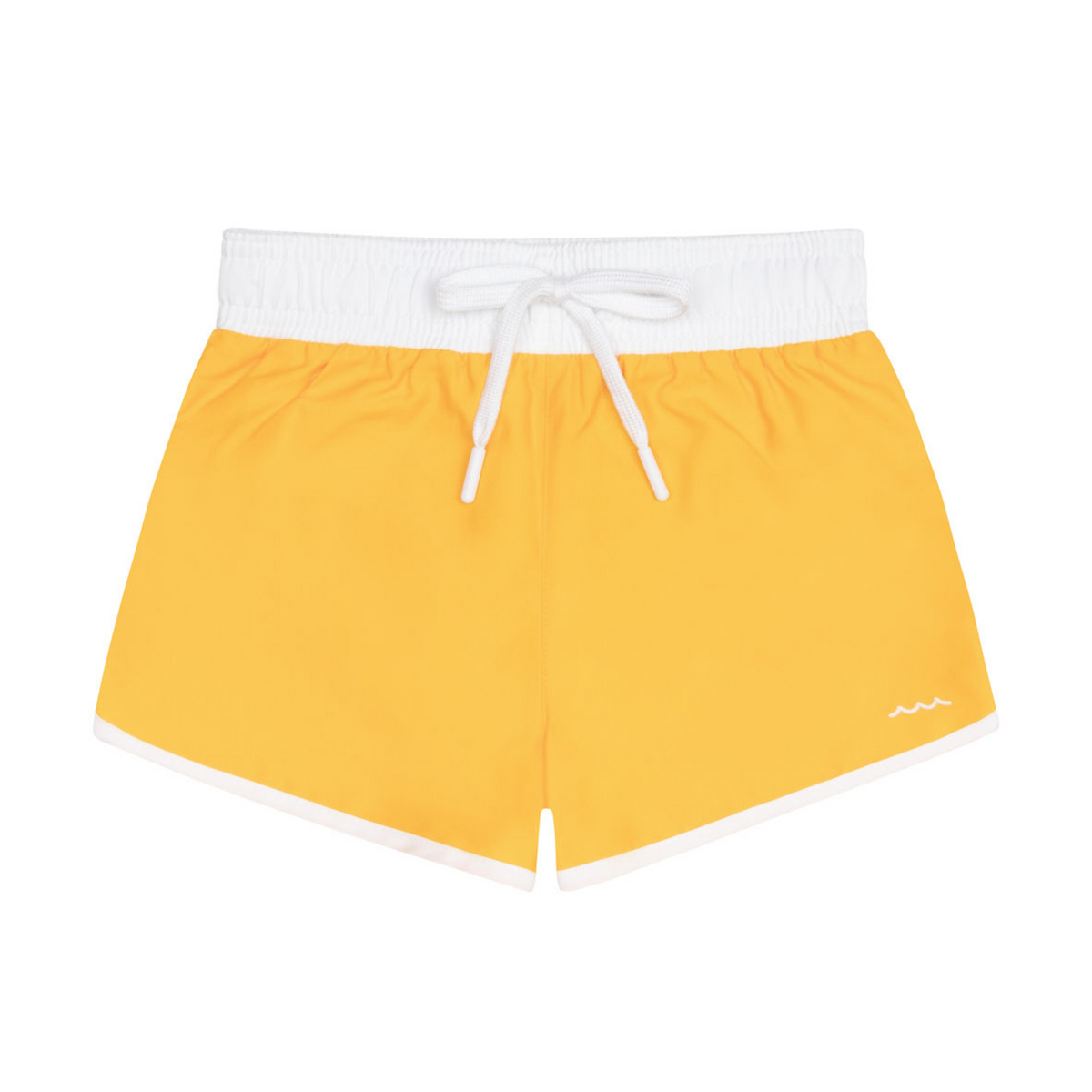 Front view of boys marigold boardie showcasing white waistband, drawstring, and trim on a white background
