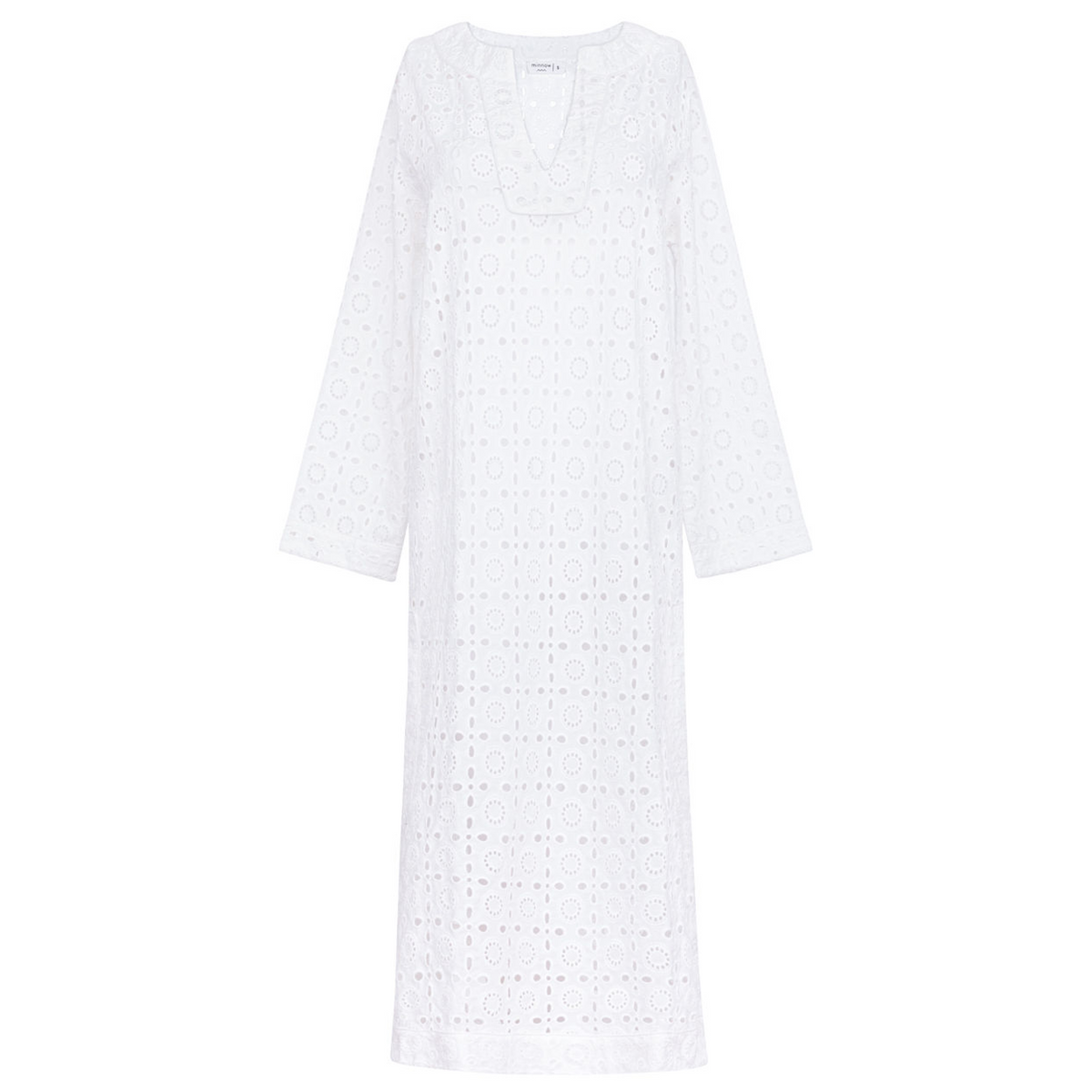 Front view of women’s white eyelet kaftan with open-work eyelet pattern, split neckline, long sleeves, and relaxed fit