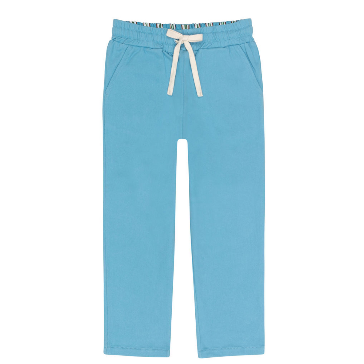 Front view of Boys Pura blue twill pants showcasing elastic waistband and cream drawstring with white background