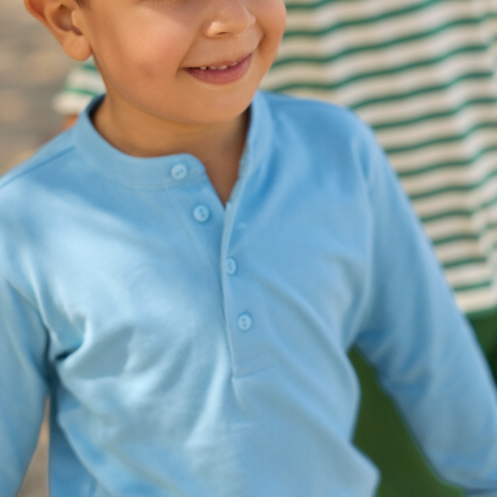 Boys Pura Blue Half Button Shirt with Mandarin Collar