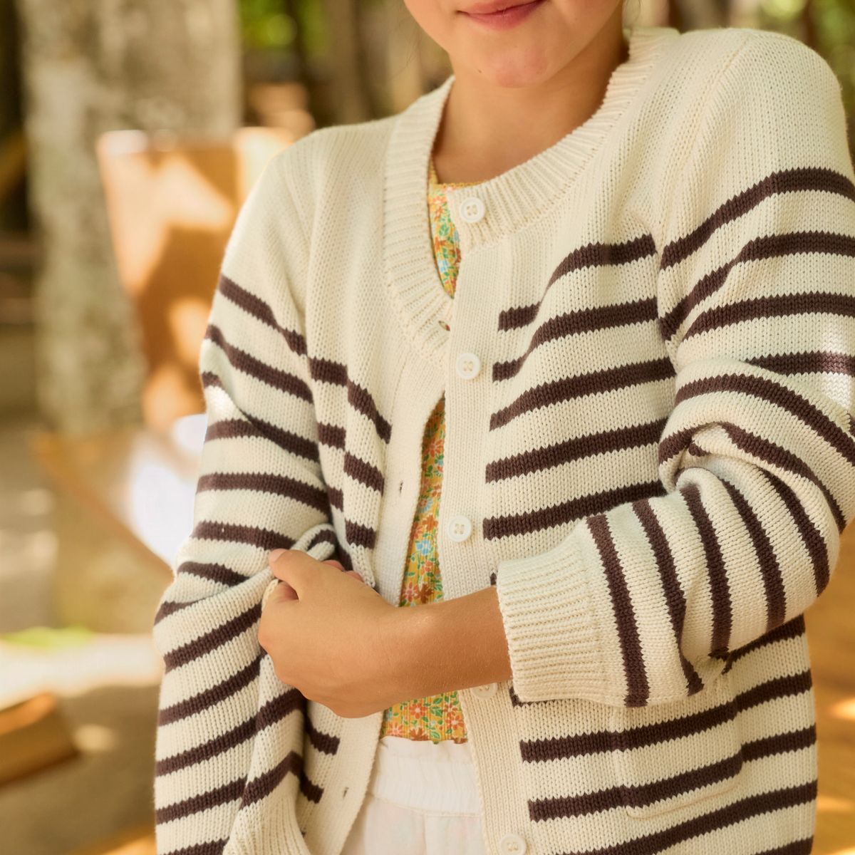 Unisex Cream and Cacao Stripe Knit Cardigan