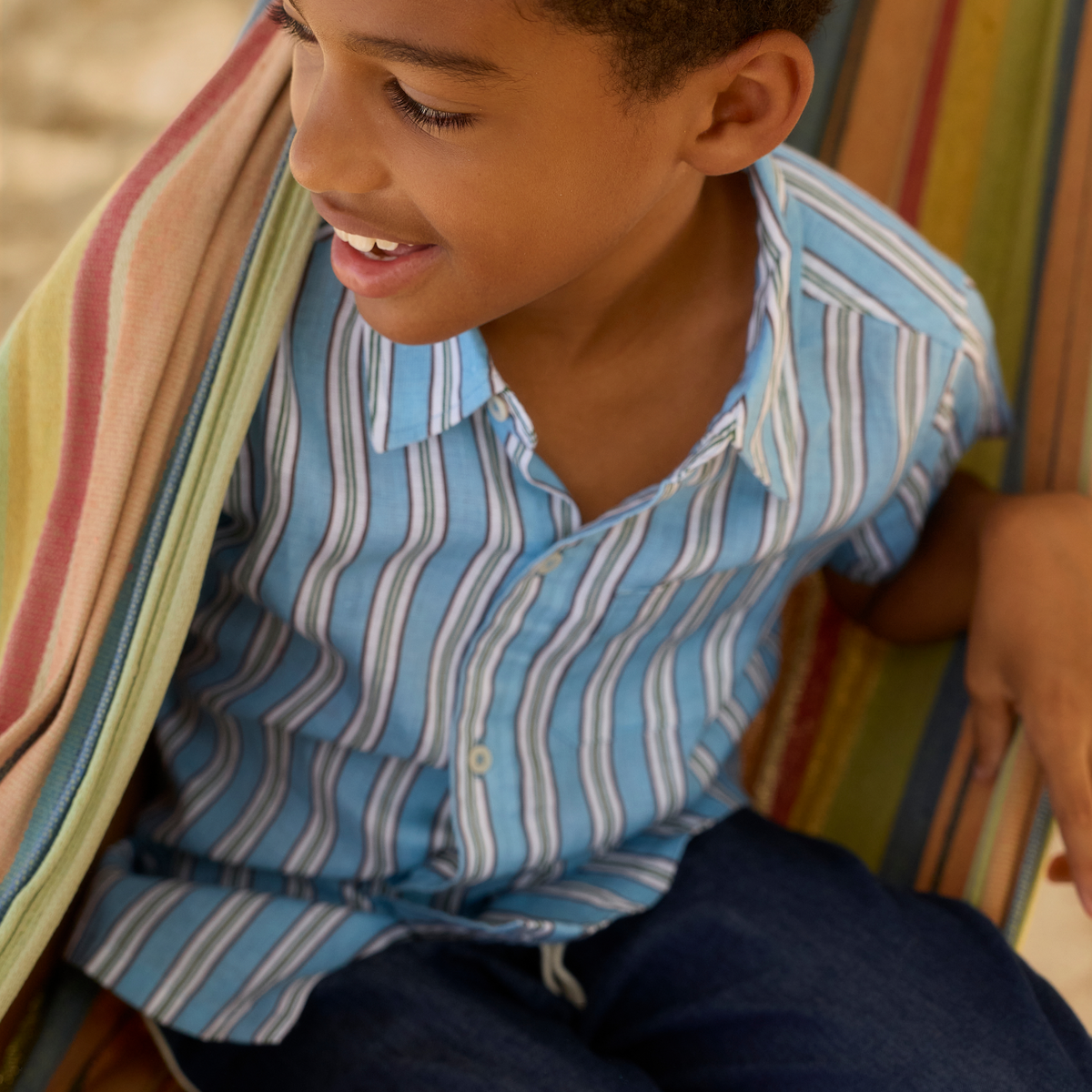 Boys Isla Blue Stripe Linen Button Down Shirt
