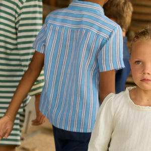 Boys Isla Blue Stripe Linen Button Down Shirt