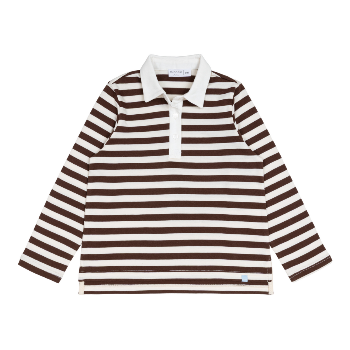 Flat-lay of unisex cocoa-and-ivory striped rugby shirt showing white contrast collar and three-button placket on white