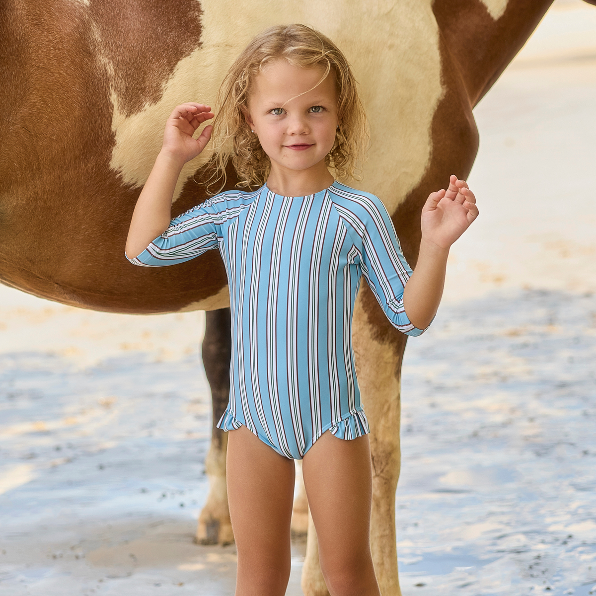 Girls Isla Blue Stripe Quarter Sleeve Rashguard One Piece
