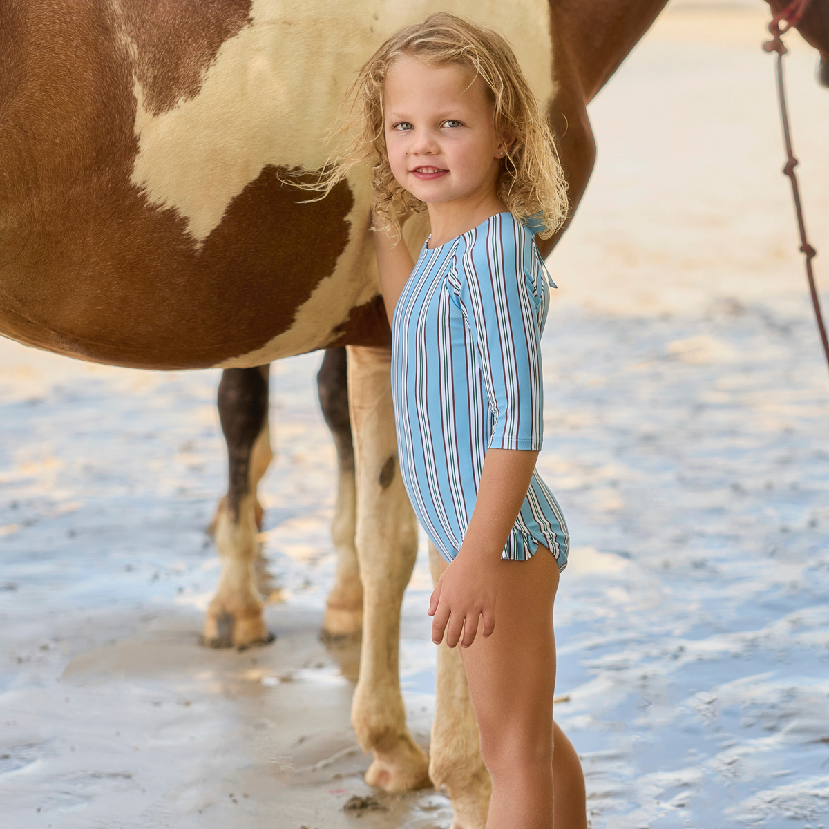 Girls Isla Blue Stripe Quarter Sleeve Rashguard One Piece