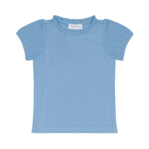 Girls’ Dusk Blue Ruffle Pointelle Puff Sleeve Shirt