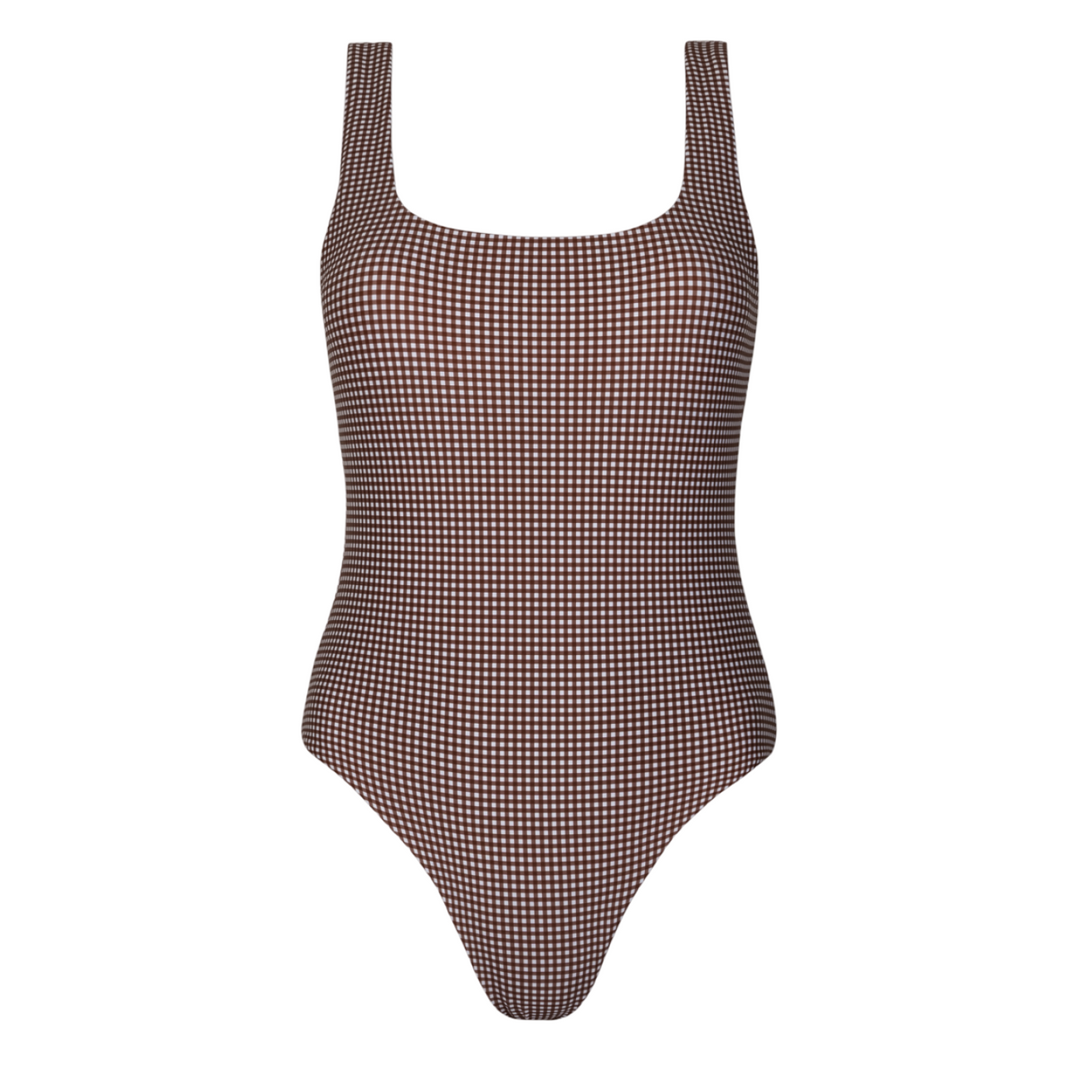 Front view of women’s Cocoa gingham square-neck one-piece swimsuit showcasing square neckline and high-leg cut on white background