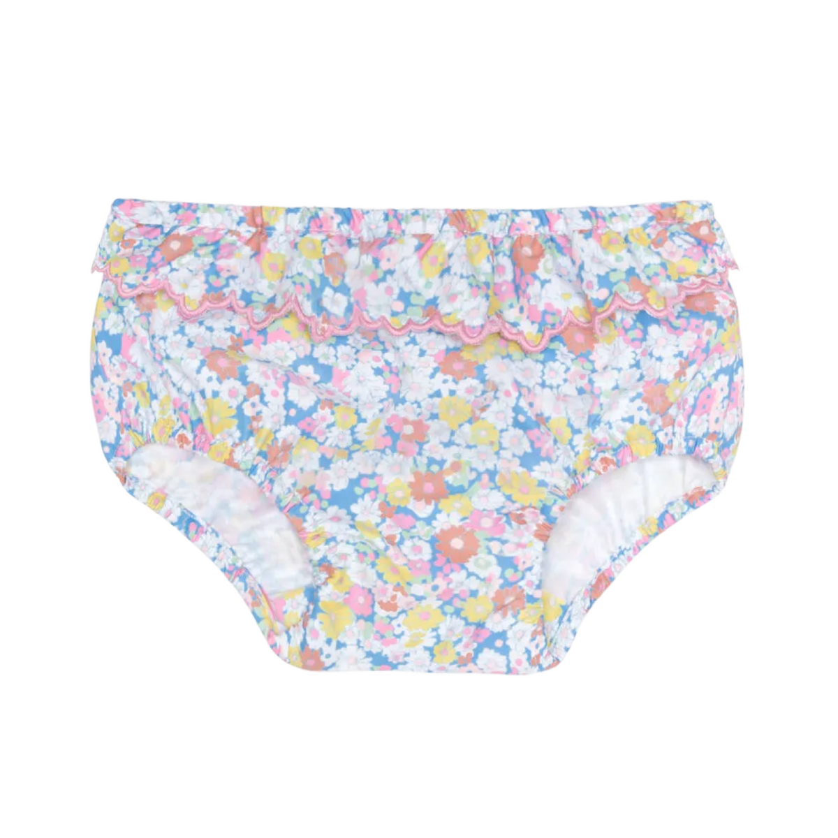 Front view of Baby Jasmine Blossom diaper cover showing scalloped ruffle waist and pastel floral print on white background