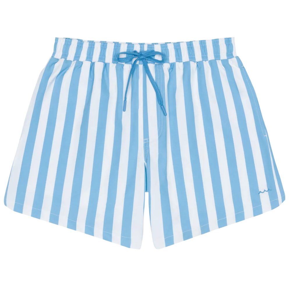 Front flat-lay of Men’s Bay Stripe Boardie with blue and white stripes, elastic drawstring waistband, embroidered wave on white