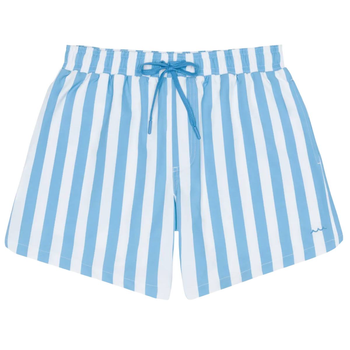 Front flat-lay of Men’s Bay Stripe Boardie with blue and white stripes, elastic drawstring waistband, embroidered wave on white
