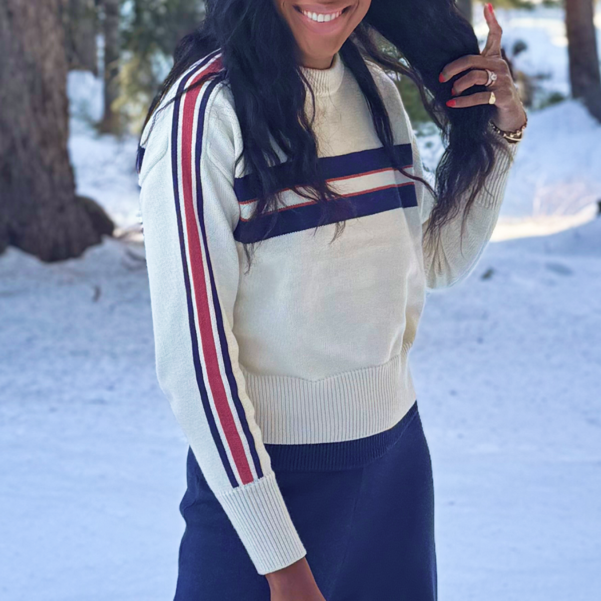 Women’s Navy and Red Stripe Cropped Knit Sweater