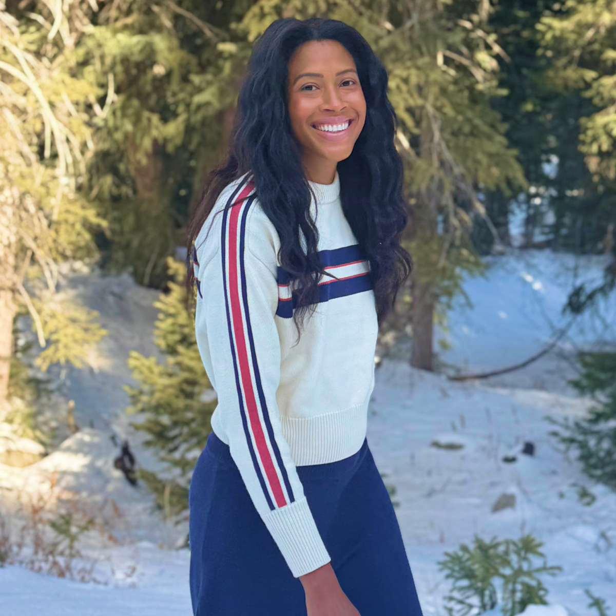 Women’s Navy and Red Stripe Cropped Knit Sweater