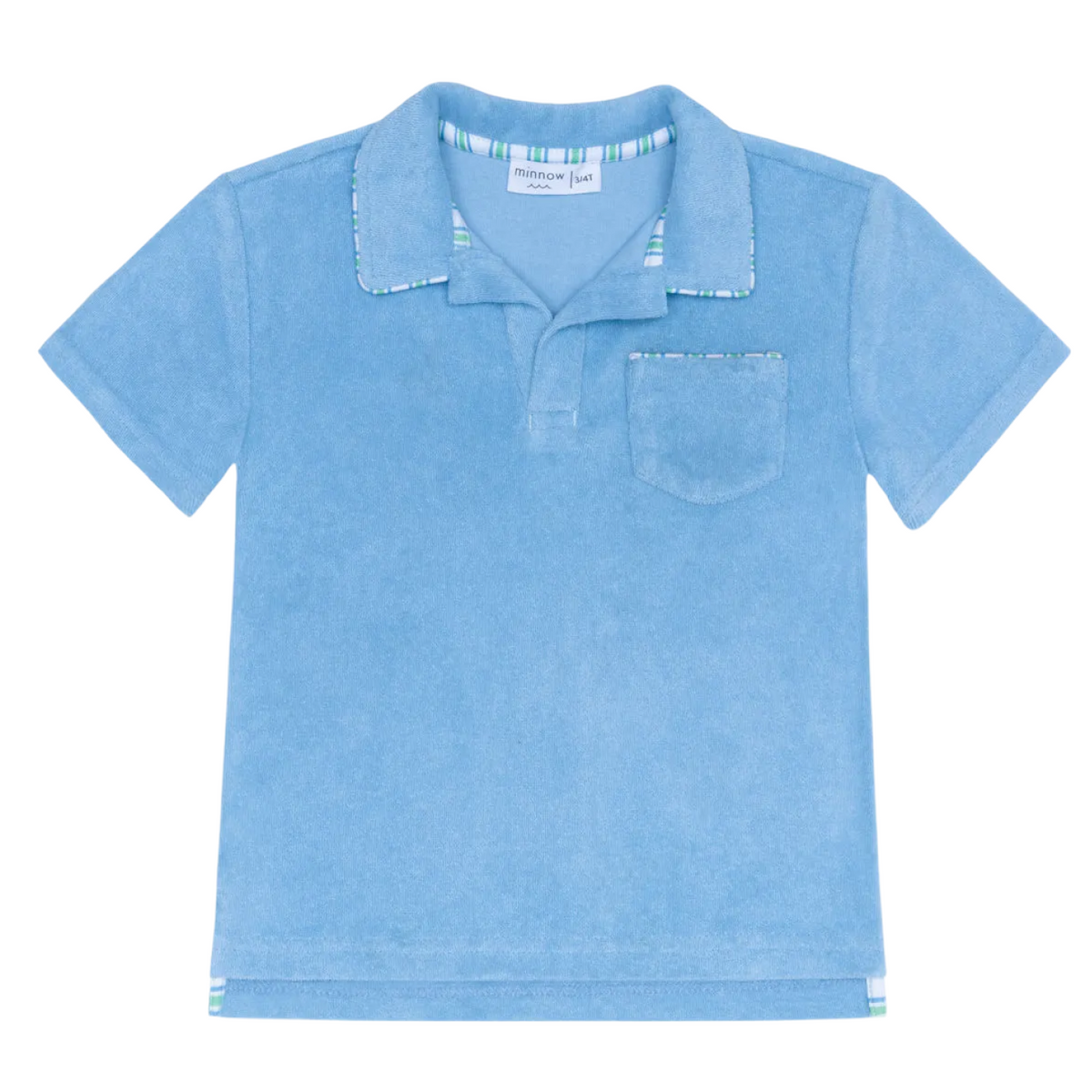 Front view of Boys’ Le Marin blue French terry polo showcasing spread collar, chest pocket, and striped trim on white background