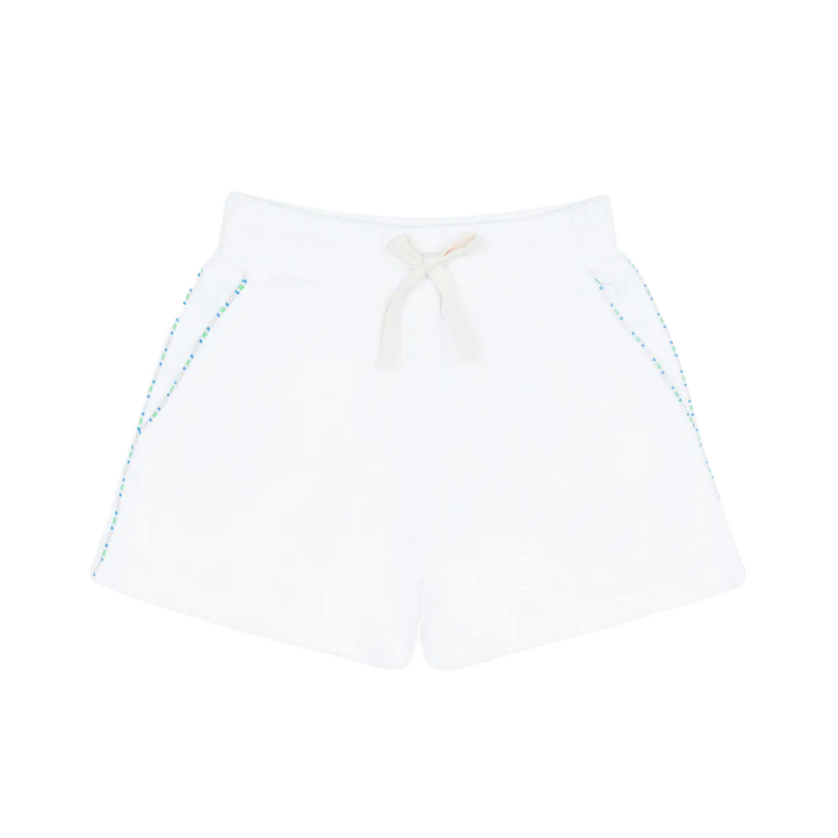 Flat lay of boys’ white French terry shorts with drawstring waist and side pockets trimmed with blue dots on white background