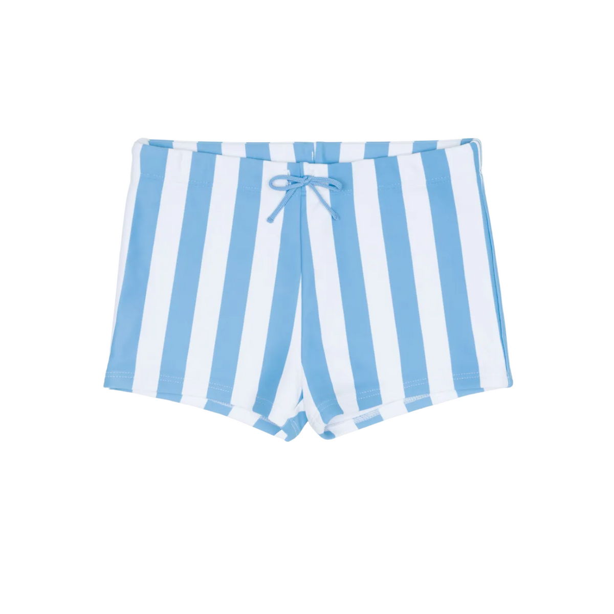 Front view of Boy’s Bay Stripe brief with blue and white vertical stripes, drawstring waist and square-leg cut on white background