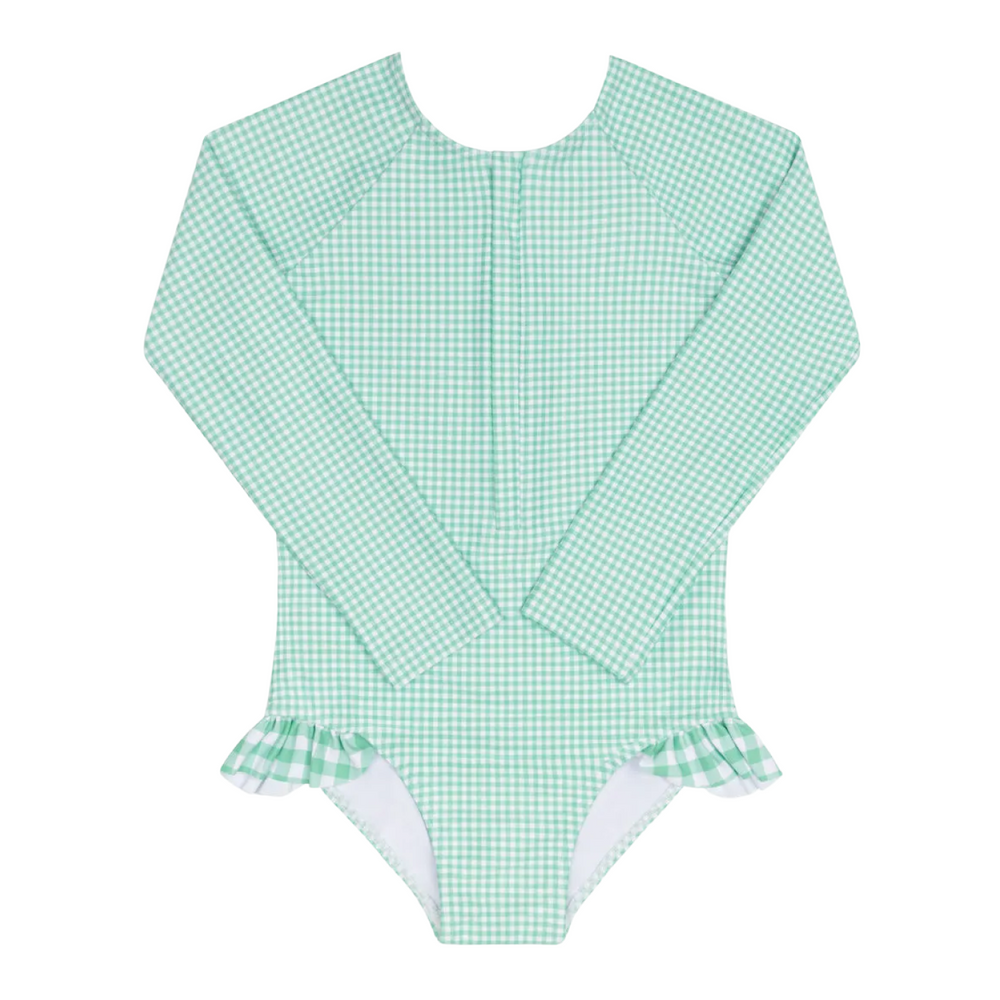 Girl’s Gustavia Gingham Front Zip Rashguard One Piece
