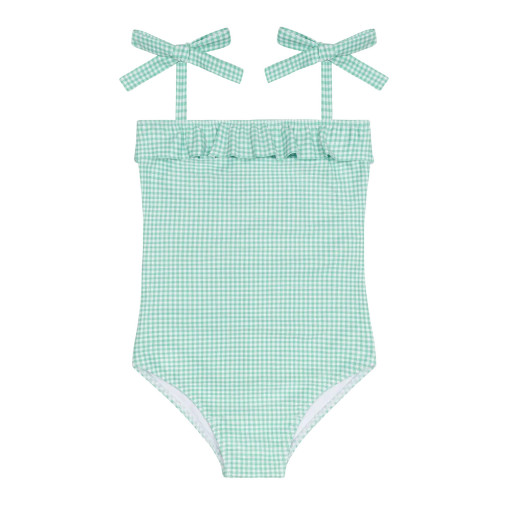 Girl’s Gustavia Gingham Ruffle Front Tie Strap One Piece