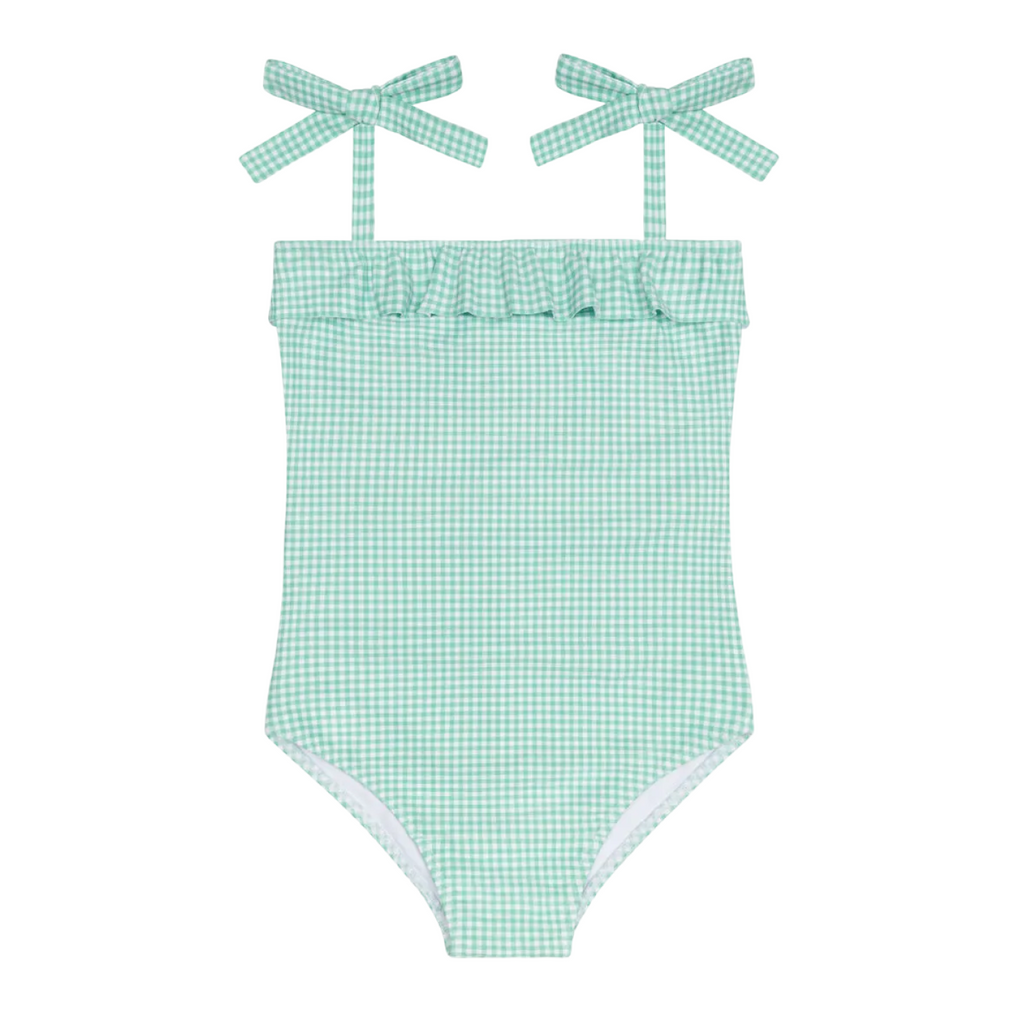 Girl’s Gustavia Gingham Ruffle Front Tie Strap One Piece