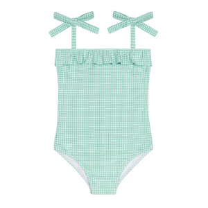 Girl’s Gustavia Gingham Ruffle Front Tie Strap One Piece